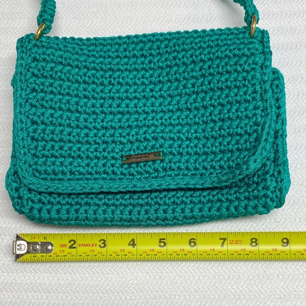 Handmade Teal Crochet Crossbody Purse Boho Festival Artisan Gold Tone OS - Picture 5 of 8